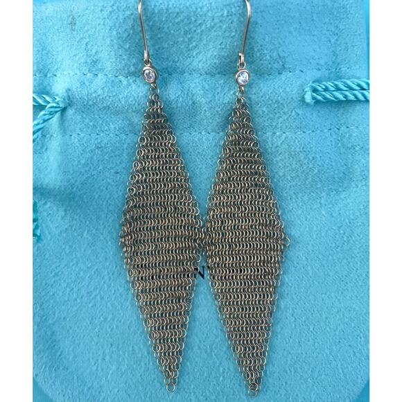 Tiffany & Co. 18k Gold Peretti Diamond Drop Dangle Mesh Scarf Hook Earrings 3” - Picture 1 of 10
